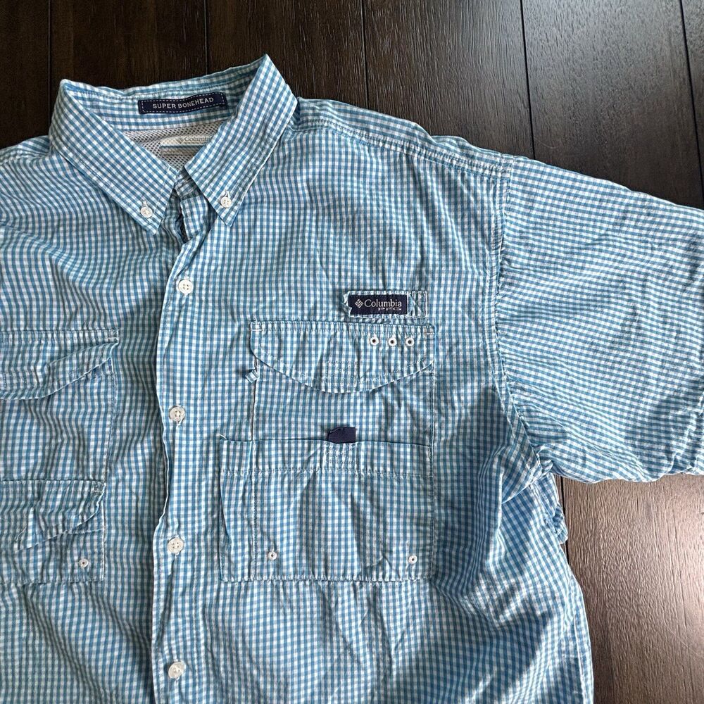 Columbia PFG Men’s Super Bonehead Button Up Fishing Shirt Vented Gingham Blue L